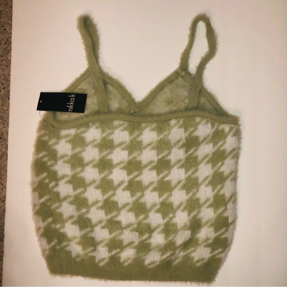 NWT Nikka K Y2K Fuzzy Houndstooth Spaghetti Cropped Tank Top Size L Sage Gr/Wht - Picture 10 of 11